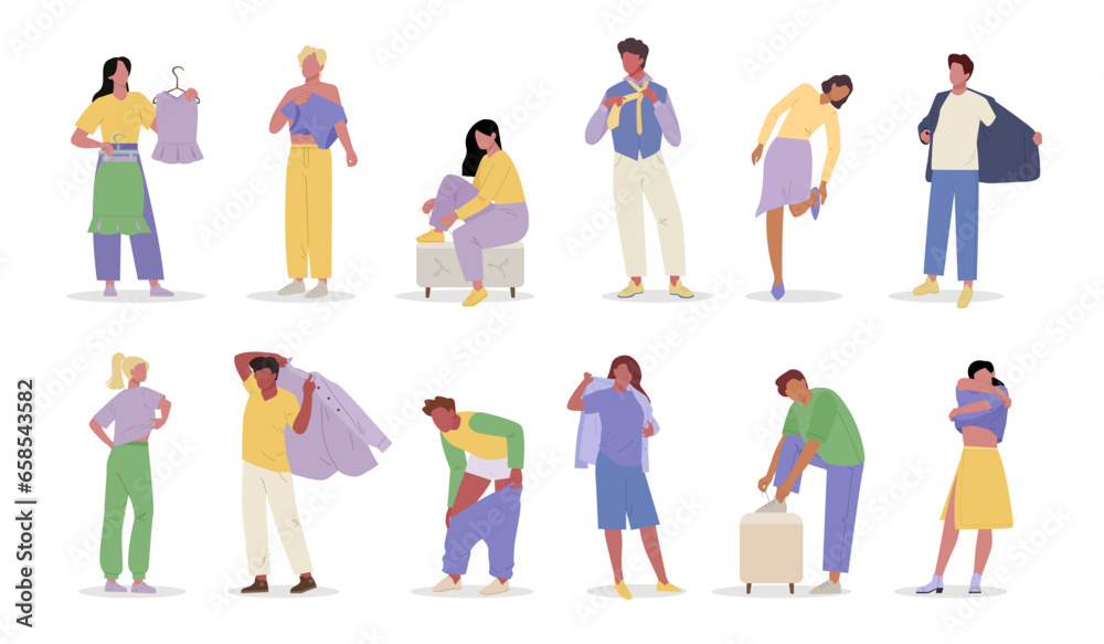 people changing clothes. clothes store concept, cartoon male and female characters fitting clothes, people trying clothes. vector cartoon characters set.