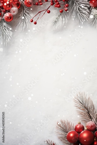 A Festive Holiday Scene with Shiny, Colourful Decorations. Christmas Background with copy space. A white background with red and silver ornaments