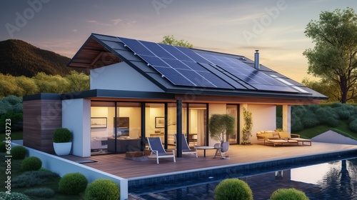 solar panel on roof, minimal house or home with self sufficient and sustainable design photo