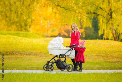 Little daughter and young adult mother walking on sidewalk at park. Spending time together in beautiful colorful autumn day. Enjoying stroll. Side view. photo