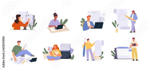 journalists copywriting. text typing concept, cartoon characters writing with laptop book or lists. vector cartoon characters set.