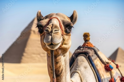 Camel in front of the pyramids of Giza, Cairo, Egypt