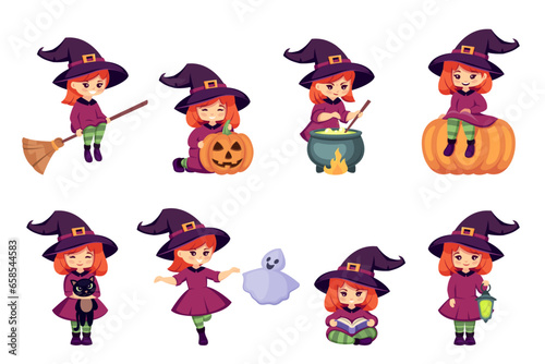 halloween witches. halloween characters with pumpkin, haunt horrible childish characters, cartoon funny autumn mystical fantasy girls set. vector cartoon graphics.