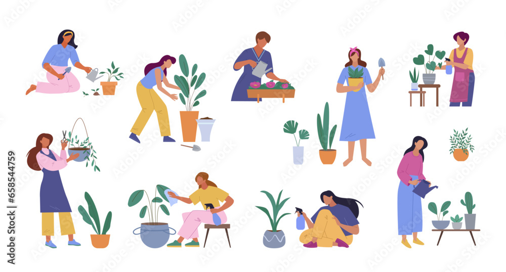 plants care. botanical gardener characters set, characters taking care houseplants garden green ecology. vector cartoon minimalistic characters collection.