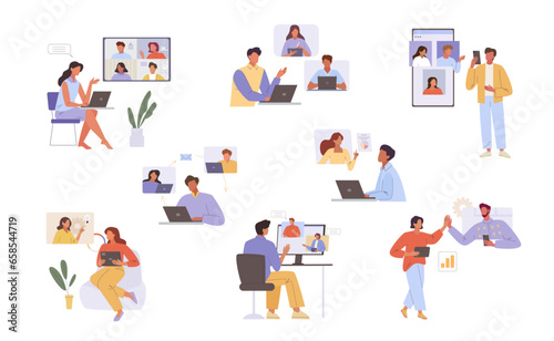 remote working. online conference people working together, cartoon characters landing freelance online meeting outsourcing distance job. vector cartoon concept collection.