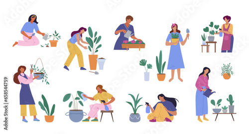 plants care. botanical gardener characters set  characters taking care houseplants garden green ecology. vector cartoon minimalistic characters collection.