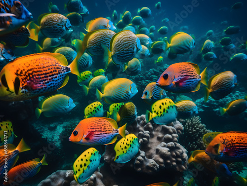 Brightly Colored Tropical Fish Swimming in Unison, AI Generated Image