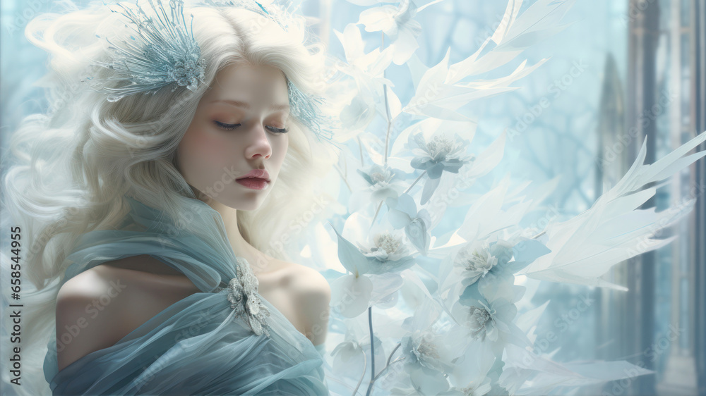 Beautiful girl in a blue dress with white feathers and a crown on her head