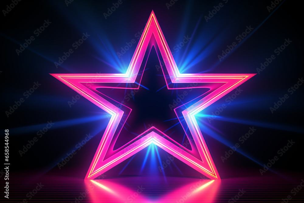 Neon bunter Stern mit Lichteffekten auf dunklem Hintergrund. Querformat. Generative Ai. Neon bunter Stern mit Lichteffekten auf dunklem Hintergrund. Querformat. Generative Ai.