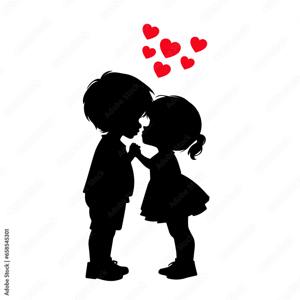 Cute couple, Cartoon silhouettes of a boy and a girl kissing, two kissing children on white background