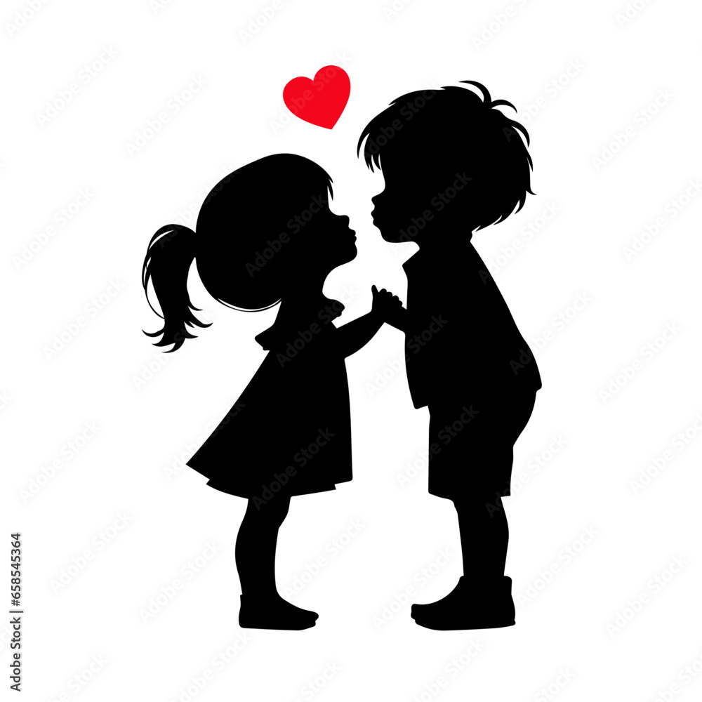 Cute couple, Cartoon silhouettes of a boy and a girl kissing, two kissing children on white background
