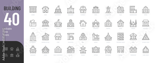 Building Line Editable Icons set. Line Vector illustration in modern thin line style of types of residential and public buildings: condo, government, school, church, e.c.t. Isolated on white.
