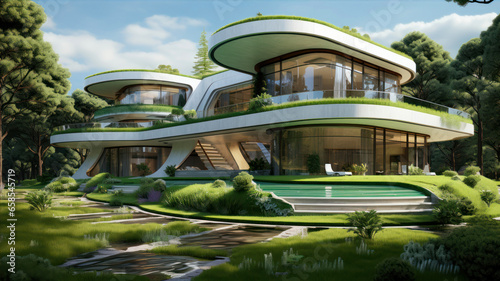 modern house in the garden with green grass
