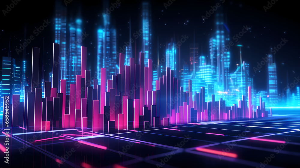 Glowing grids spread out - Dynamic bar charts rising - Neon lines interconnecting Glowing grids spread out - Dynamic bar charts rising - Neon lines interconnecting