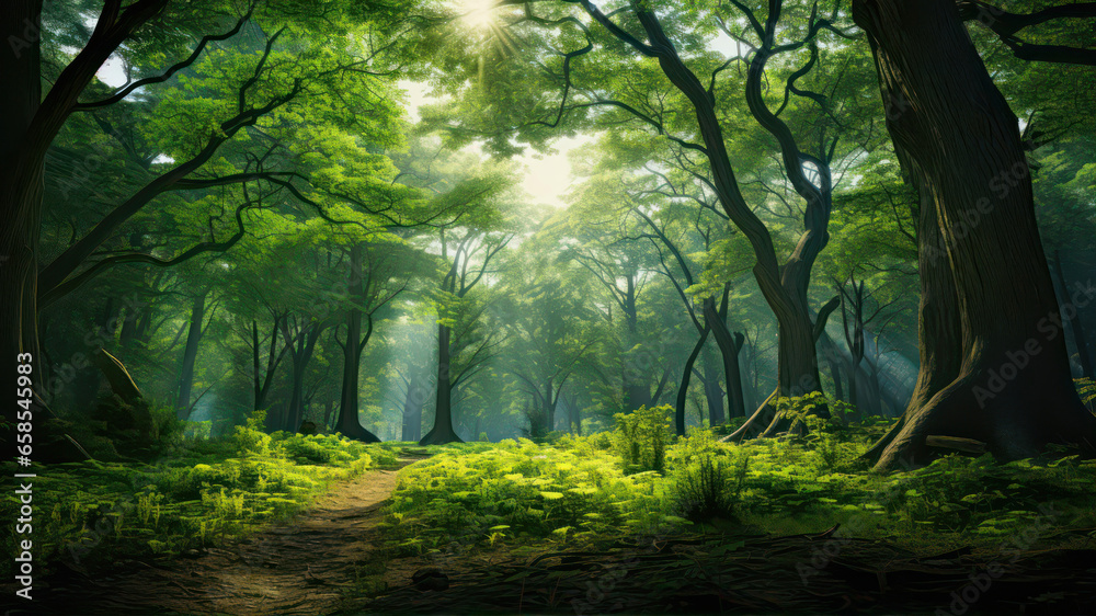 Naklejka premium Morning light in the forest with sunbeams and lens flare.