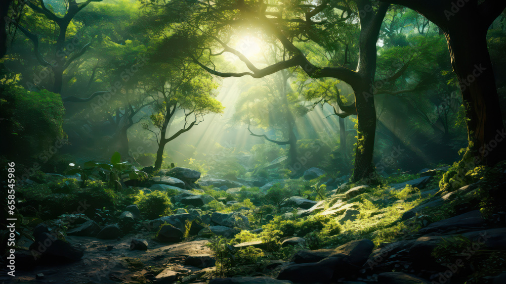 Fantasy green forest with sun rays and fog.