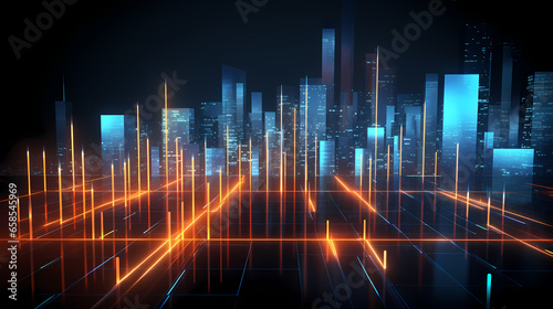 Glowing grids spread out - Dynamic bar charts rising -  Neon lines interconnecting © Manuel