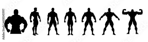 Bodybuilder muscular guy silhouettes, Vector bodybuilding silhouettes