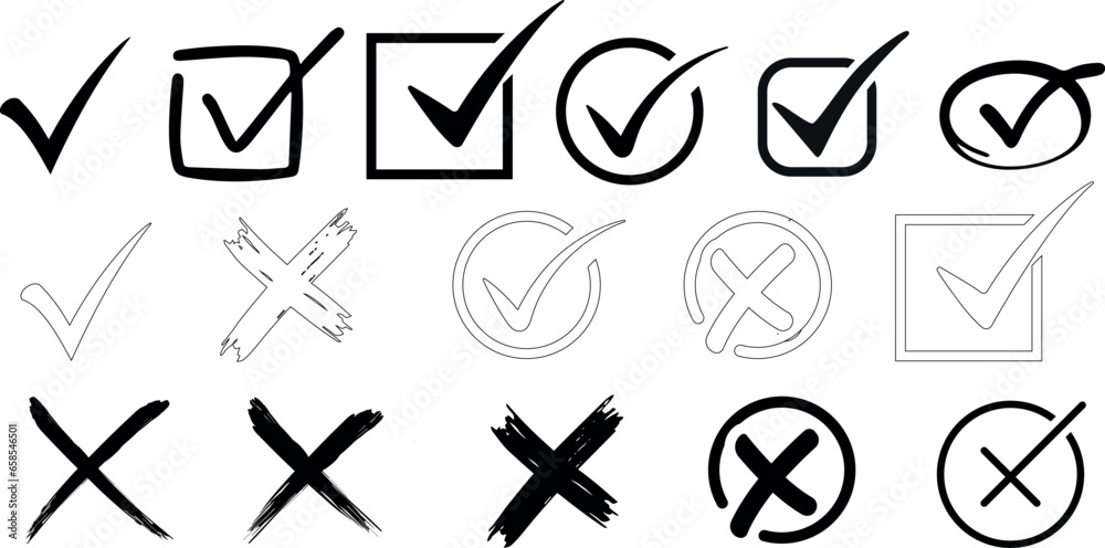 checkmark and cross Vector illustration set. Perfect for vote, survey, poll, checkbox, ballot, list, choice, option, decision, approve, reject, confirm, cancel concepts. diverse styles  - obrazy, fototapety, plakaty 