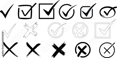 checkmark and cross Vector illustration set. Perfect for vote, survey, poll, checkbox, ballot, list, choice, option, decision, approve, reject, confirm, cancel concepts. diverse styles  photo