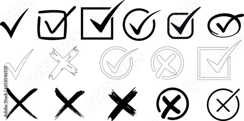 checkmark and cross Vector illustration set. Perfect for vote, survey, poll, checkbox, ballot, list, choice, option, decision, approve, reject, confirm, cancel concepts. diverse styles 