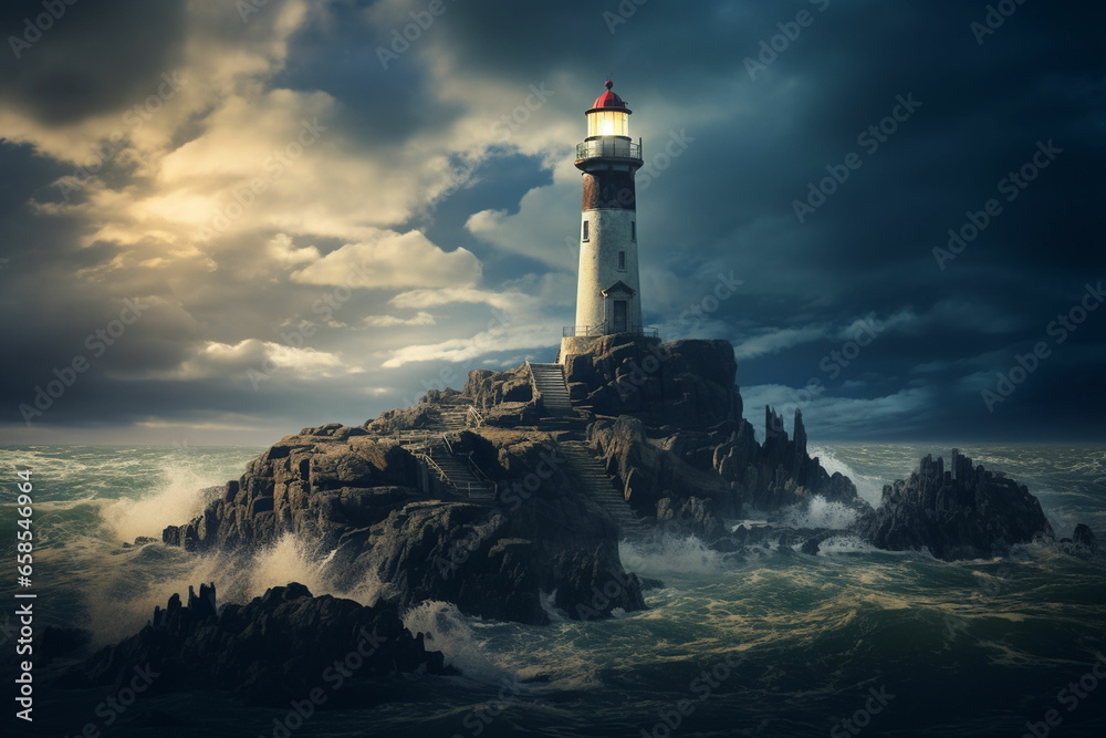 A lighthouse on a rock in the middle of the ocean