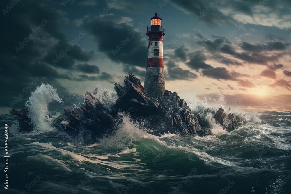 A lighthouse on a rock in the middle of the ocean