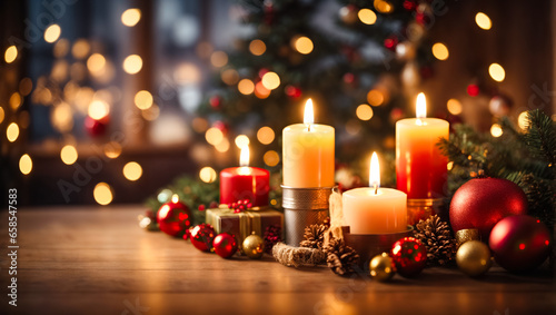 Cozy Christmas Atmosphere with a Candle - Blurred Background © snesivan