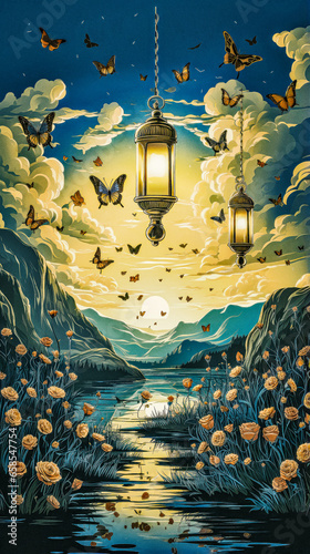 a painting of a sunset with a lantern and butterflies. All Souls Day poster