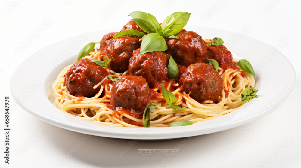 Delicious Plate of Spaghetti with Meatballs Isolated on white background