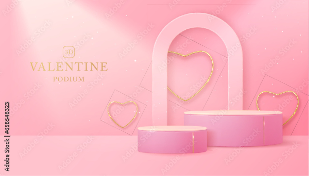 Happy Valentine`s day showcase background with 3d podium, gloden metallic love hearts and arch. Vector illustration