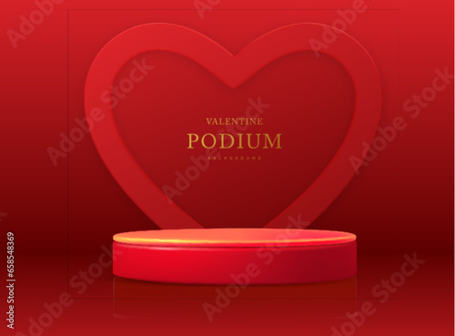 Happy Valentine`s day showcase background with 3d podium and love heart shape. Vector illustration