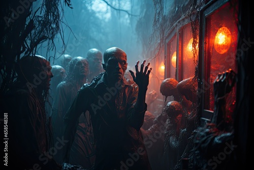 Creepy zombies rising from the window at night. Horror Halloween concept. Created with Generative AI tools