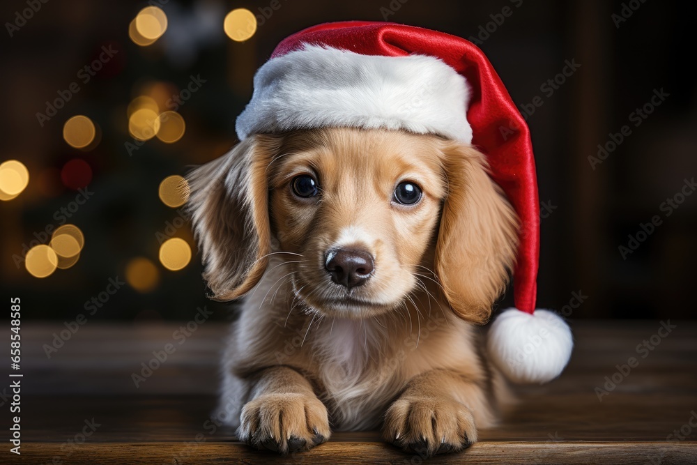 Cute puppy in santa hat on wooden table with christmas tree background. Created with Generative AI tools - obrazy, fototapety, plakaty 