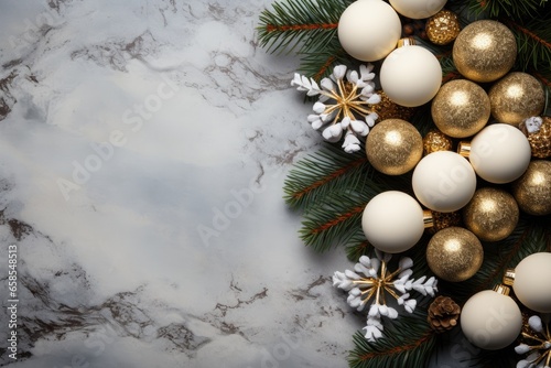 Christmas decorationle background with copy space. Top view, flat lay. Created with Generative AI tools photo