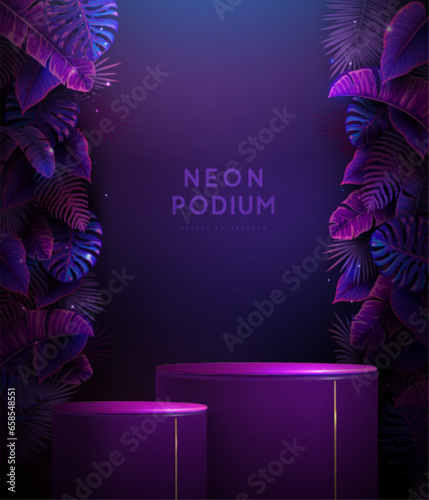 Fluorescent neon showcase background with 3d podium and tropic leaves.  Summer nature concept. Vector illustration