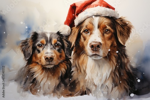 Three australian shepherd dogs in Santa Claus hat on winter background. Created with Generative AI tools