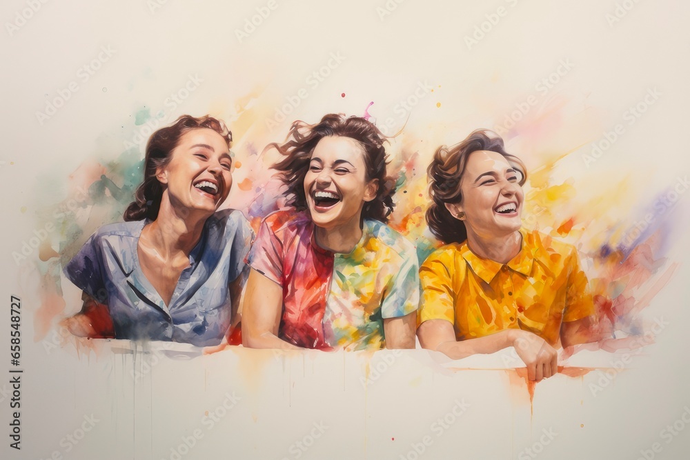 Portrait of smiling friends with blank billboard against colourful paint splashes. Created with Generative AI tools