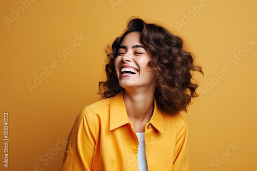 Cheerful young woman laughing and looking away isolated over yellow background. Created with Generative AI tools