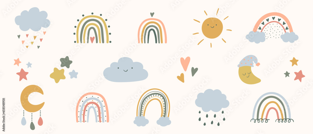 Pastel spring kids clipart set, boho rainbow, moon and sun baby design elements, easter theme cute isolated elements on white, cartoon vector illustration