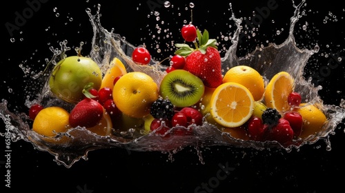 Fruits on black background with water splashes. flavor concept