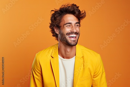 Happy young man in yellow jacket laughing and looking at camera isolated on orange. Created with Generative AI tools © DIGITALSHAPE
