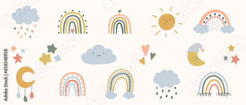 Pastel spring kids clipart set, boho rainbow, moon and sun baby design elements, easter theme cute isolated elements on white, cartoon vector illustration