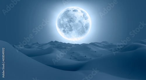 Beautiful landscape with sand dunes in the Sahara desert super blue full moon in the background- Sahara  Morocco  Elements of this image furnished by NASA 