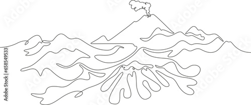Active volcano. Eruption. Mountain landscape. Mountain Lake. Beautiful landscape. Wild nature. Wonderful lakes. High mountains. One continuous line. Linear. Hand drawn, white background.