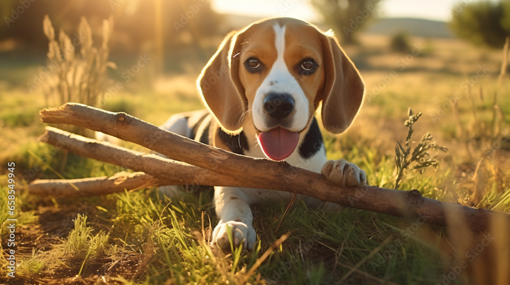 Dog chewing on the stick outdoors. Portrait of beagle