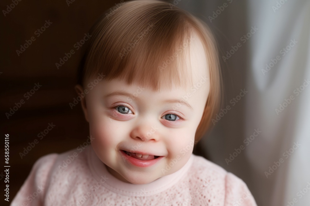 Down child smiling. Portrait fun person. Generate Ai