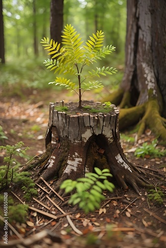 Young rowan tree seedling grow from old stump in Poland forest old