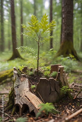 Young rowan tree seedling grow from old stump in Poland forest woods