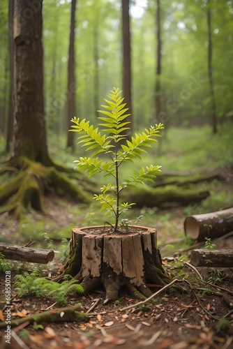 Young rowan tree seedling grow from old stump in Poland forest nature
